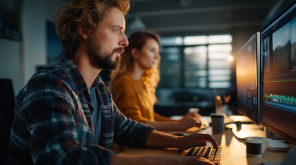 Fototapeta premium A man and woman filmmaker team edit a video in a post production studio dual monitors showing editing software coffee cups and a storyboard nearby creative light filtering throu