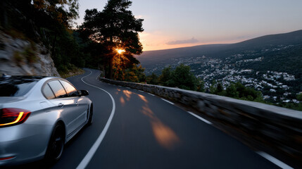 This image captures a tranquil mountain road during sunset, showcasing a sleek silver car winding through picturesque hills with a breathtaking view of the valley below.