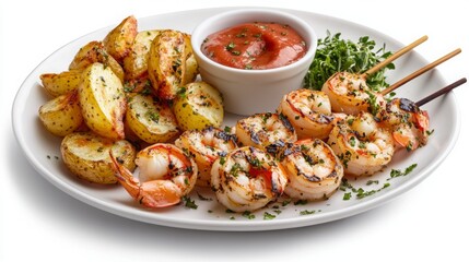 Grilled shrimp and roasted potatoes served with a zesty dipping sauce