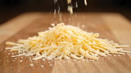 Grated cheese is falling onto a rustic wooden board. - Powered by Adobe