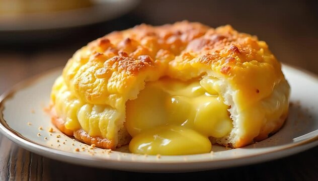 Hot kunafa dessert with golden shredded pastry crust and gooey melted cheese filling inside 