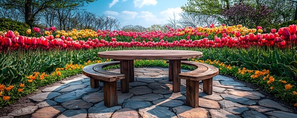 A wooden picnic table sits on a stone patio surrounded by a vibrant colorful display of blooming tulips and flowers in a spring garden under a bright