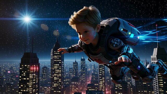 Little boy wearing a futuristic jetpack flying over a glowing city skyline