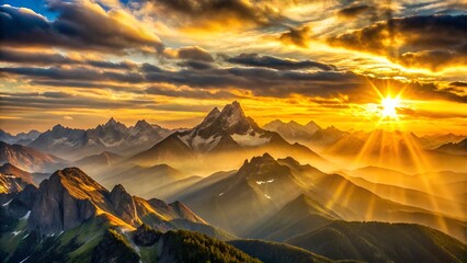 Dramatic sunset over misty mountain range with sun rays