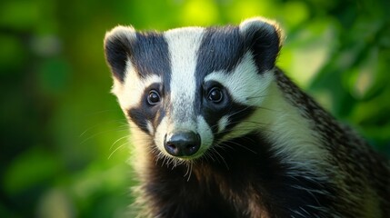 Fototapeta premium Curious badger exploring lush green habitat in daylight