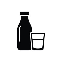 A black and white illustration of a glass bottle of milk next to a glass of milk.