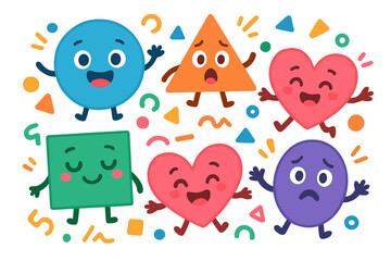 Fototapeta premium Colorful geometric shapes with faces expressing emotions. Set of cute cartoon characters: happy, sad, scared. Basic figures for kids learning. Vector mascot emotions.