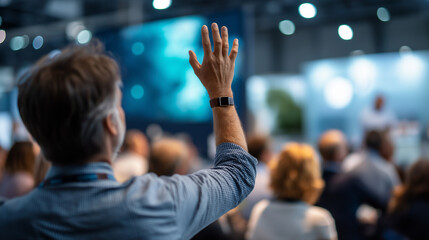 A technician at a tech convention delivers an AI neural networks pitch pointing to a digital screen with deep learning visuals a live audience engaged neutral conference banners