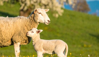A gentle ewe and her lamb stand in a sunlit meadow, bathed in soft springtime light.