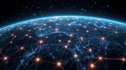 A digital network overlaying the Earth, illustrating global connectivity and data flow.
