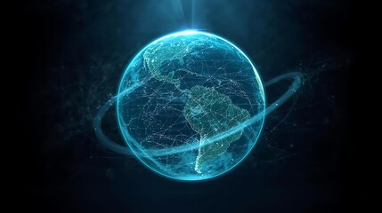 A glowing, futuristic digital representation of Earth with interconnected lines and orbiting rings, symbolizing global networks and technology.