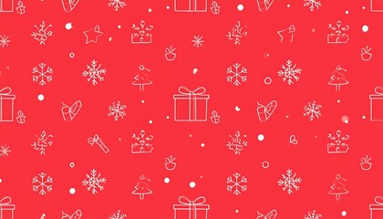A festive, red background is decorated with a repeating pattern of simple, white Christmas icons, including snowflakes, gift boxes, Christmas trees, and other holiday elements.