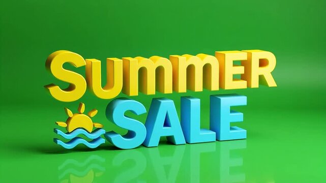 Bright 3D "Summer Sale" text with sun and waves icon on a vibrant green background