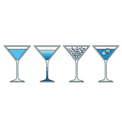 Four martini glasses with blue liquid and ice.