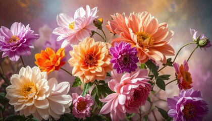 A vibrant array of blossoming dahlias in various colors against a soft, blurred background, showcasing floral beauty