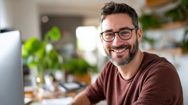 A smiling man at home uses an AI program on his computer to turn text prompts into videos his screen glowing with generated clips a cozy apartment with plants AI video