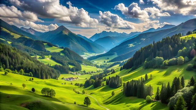 Lush green valley with rolling hills and distant mountains