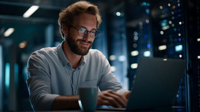 A data center engineer uses a laptop with AI visualization tools to optimize resource allocation server racks humming softly blue LED lights casting a glow a coffee mug on the
