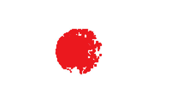 A pixelated red dot icon for creating modern logos of the Japanese flag & as a digital Indian bindi symbol. This retro 8-bit gaming style circle is isolated on a transparent background.