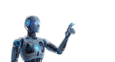 Fototapeta premium Modern robot with artificial intelligence pointing isolated on transparent background