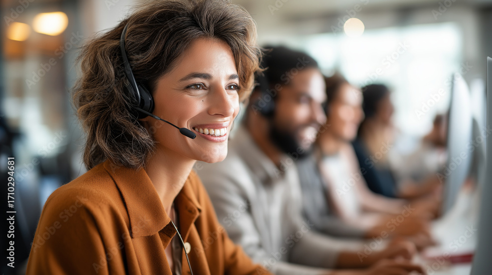 Aufkleber a multiethnic call center team uses ai chatbots on computers for multilingual support screens displa