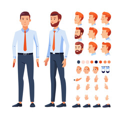 Casual business man character constructor for animation. Front, side and back view set. Body parts, postures, poses collection. Vector illustration.
