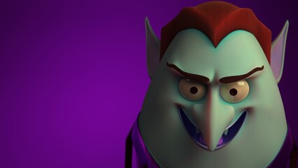 Vampire character close up front face with ears hair eyes nose and fangs