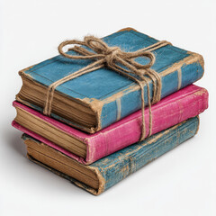 Stack of three vintage books, tied with twine, in muted blue and pink