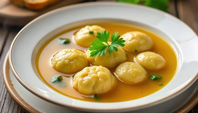 Italian canederli bread dumplings served in clear broth with fresh parsley garnish on plate 