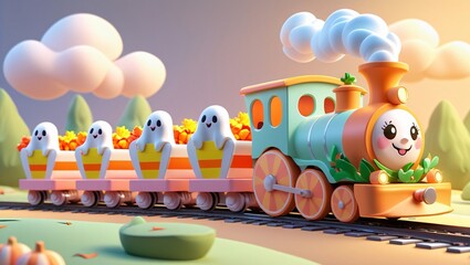 Obraz premium cute pastel train with candy corn wagons, ghost passengers, and pumpkin engine