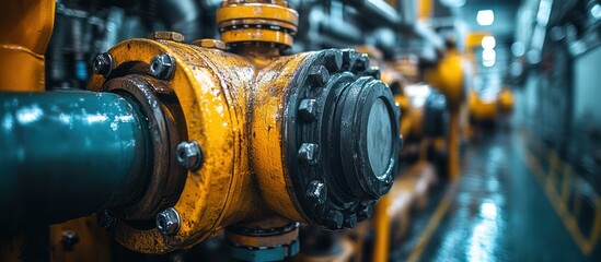 Obraz premium Close-up of industrial pipe system with yellow and teal components.