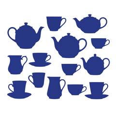 A collection of blue silhouettes of teapots, teacups, and pitchers on a white background.