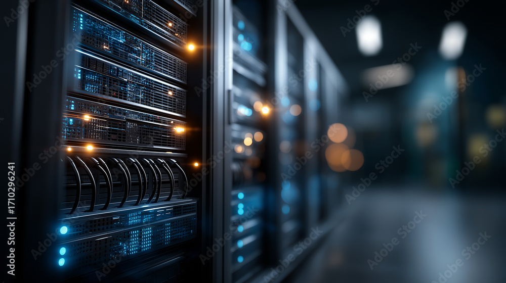 Poster server cabinets in a low light data center store ai training sets rackmount infrastructure glowing w