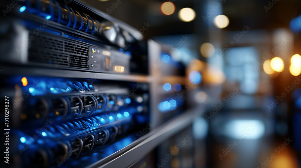 Poster server cabinets in a low light data center store ai training sets rackmount infrastructure glowing w
