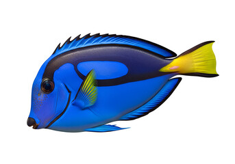 Naklejka premium A vibrant, detailed close-up of a strikingly colored fish, showcasing its rich blue hues and striking black accents, set against a stark black backdrop.