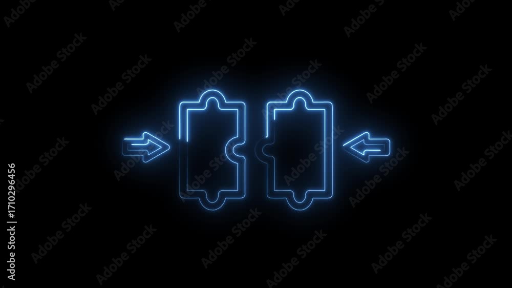 Poster neon puzzle pieces connecting with arrows illustrating synergy and integration on black background