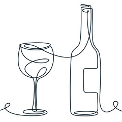 Vector continuous line illustration of wine bottle and glass. Design for party menu, label, packaging, bar, poster