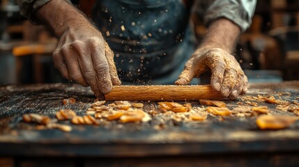 Craftsman shaping wood: male hands in workshop creating wooden art
