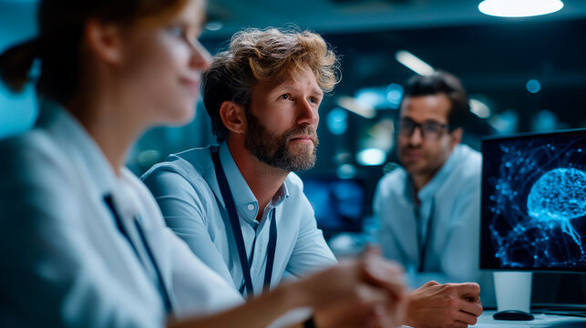 A data center developer team brainstorms around a table monitoring AI neural network visualizations on monitors server racks humming a whiteboard with LLM diagrams AI LLM - Powered by Adobe