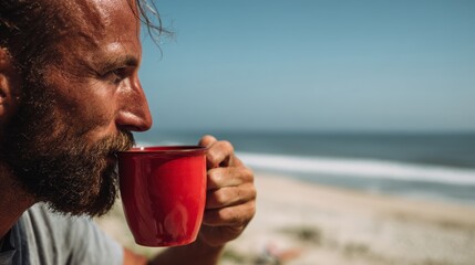 Caucasian male adult enjoying coffee by the ocean on a sunny day