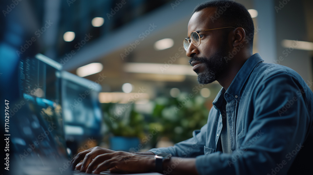 Poster a man uses ai to create professional videos with high quality avatars coding on a laptop screens dis