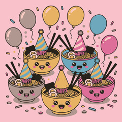 Cute Kawaii Ramen Noodles Party Bowl Cartoon Vector Illustration