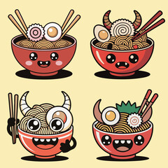 Cute Kawaii Ramen Noodles Party Bowl Cartoon Vector Illustration