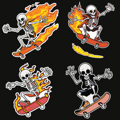 Cool skeleton skateboarding cartoon vector illustration with flaming skateboard