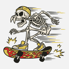 Cool skeleton skateboarding cartoon vector illustration with flaming skateboard