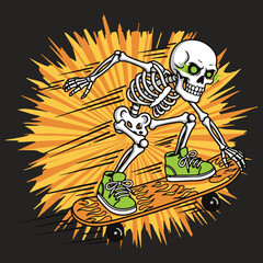 Cool skeleton skateboarding cartoon vector illustration with flaming skateboard