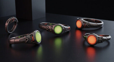 Futuristic Sci-Fi Rings with Glowing Gemstones, Technology and Modern Design