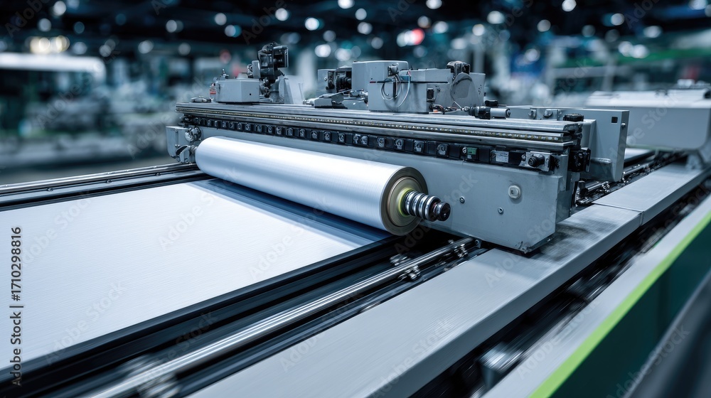 Poster advanced printing machine in action with paper roll and technology background for industrial applica