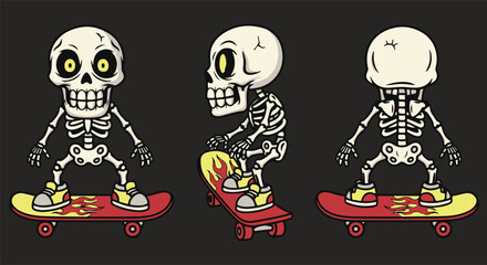 Cool skeleton skateboarding cartoon vector illustration with flaming skateboard