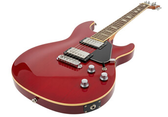 Fototapeta premium Glossy red electric guitar with chrome hardware positioned on a neutral background, ideal for music themes